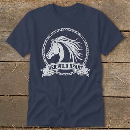 Navy t-shirt with distressed white horse head graphic and "HER WILD HEART" text.