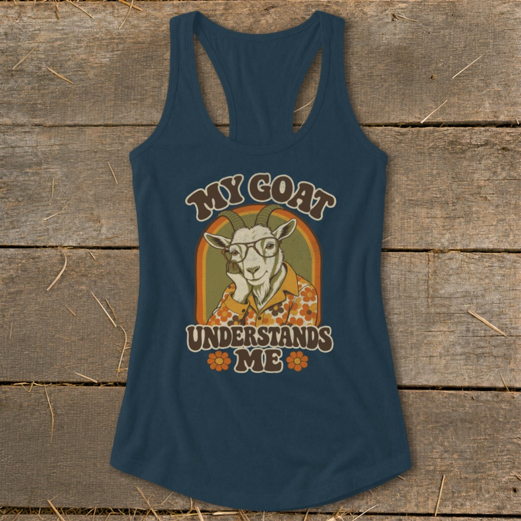 Blue tank top with graphic of a goat wearing glasses and floral shirt, text "MY GOAT UNDERSTANDS ME."