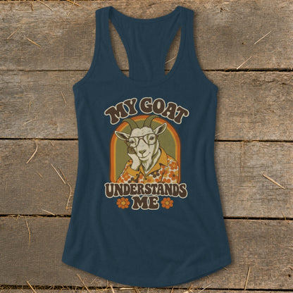 Blue tank top with graphic of a goat wearing glasses and floral shirt, text "MY GOAT UNDERSTANDS ME."
