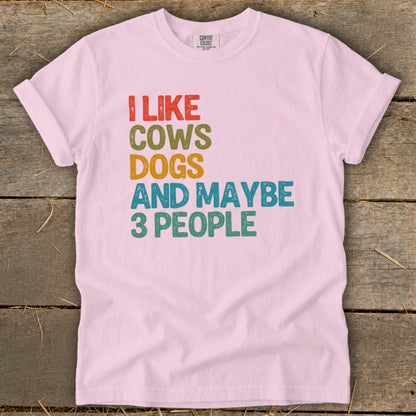 Pink t-shirt with text "I LIKE COWS DOGS AND MAYBE 3 PEOPLE" in colorful block letters.