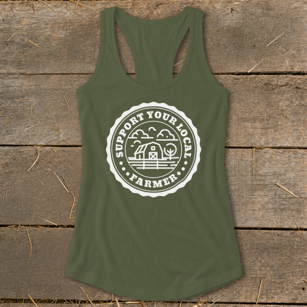 Olive green tank top with white circular graphic: "SUPPORT YOUR LOCAL FARMER"