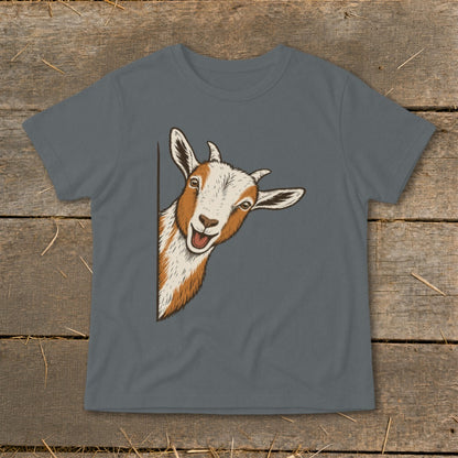 Illustration of a smiling goat peeking from behind a dark gray t-shirt.