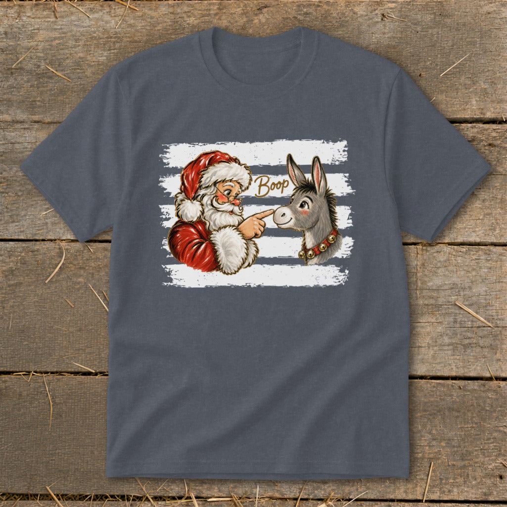 Santa boops a donkey with "Boop" text on a striped background.