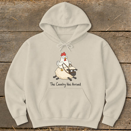Light beige hoodie with a cartoon chicken riding a sheep, text reads "The Cavalry Has Arrived."