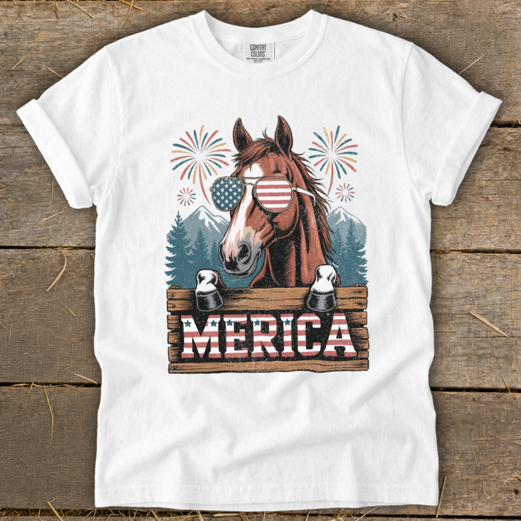 Horse wearing American flag sunglasses with "MERICA" text and fireworks.