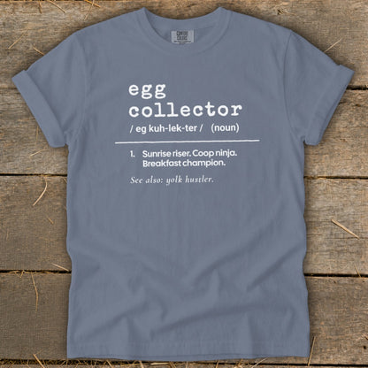 Blue t-shirt with "egg collector" definition and "yolk hustler" listed.