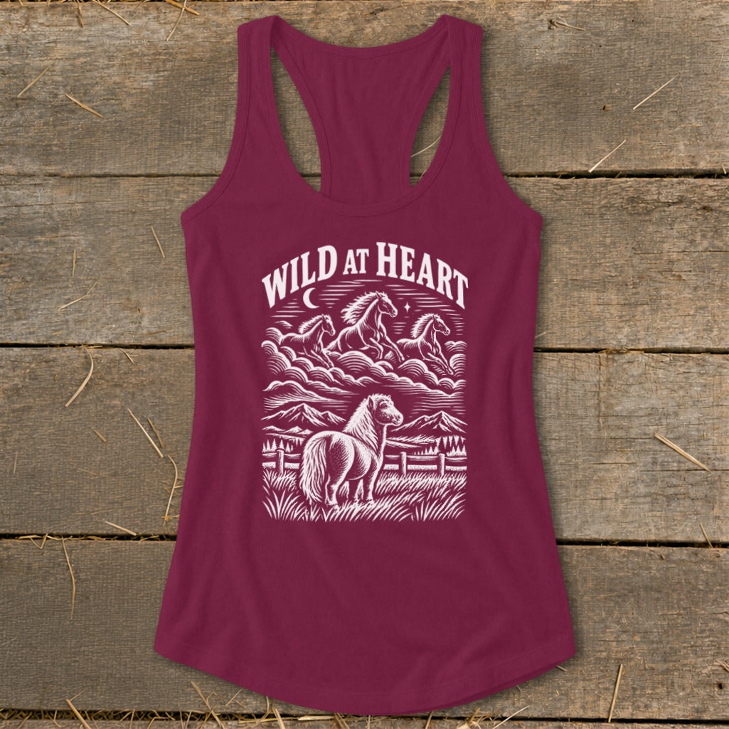 Maroon tank top with white "Wild at Heart" text and horse graphic.