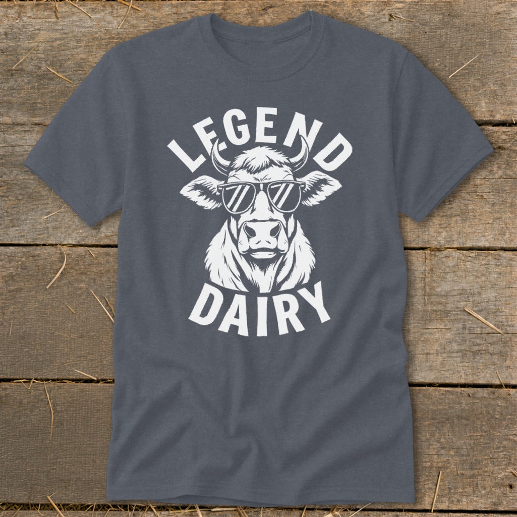 Dark gray t-shirt with white "LEGEND DAIRY" text and a cow wearing sunglasses.