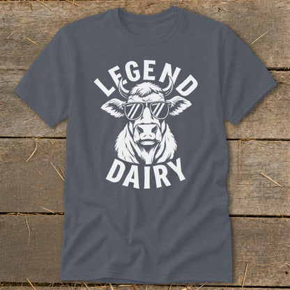 Dark gray t-shirt with white "LEGEND DAIRY" text and a cow wearing sunglasses.