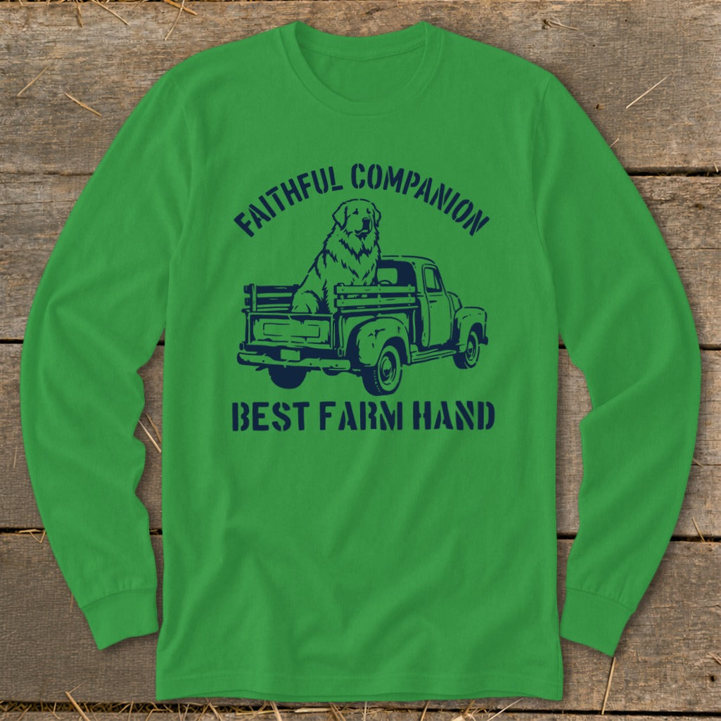 Green long-sleeve shirt with navy graphic of dog in truck, "Faithful Companion" and "Best Farm Hand".