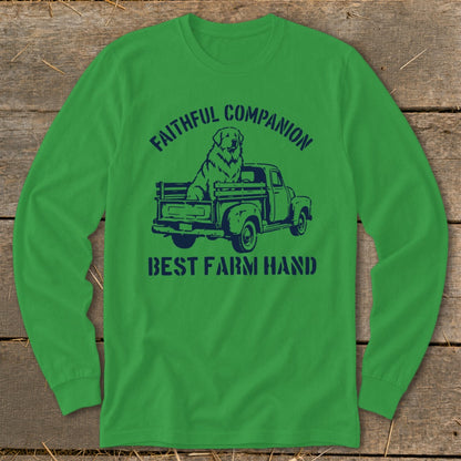Green long-sleeve shirt with navy graphic of dog in truck, "Faithful Companion" and "Best Farm Hand".