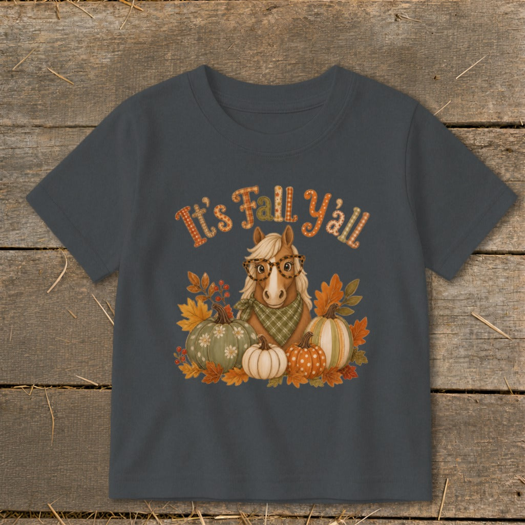 Horse with glasses and bandana surrounded by pumpkins and autumn leaves, text reads "It's Fall Y'all".