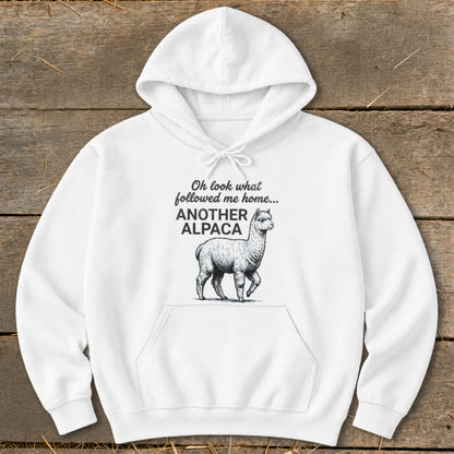 White hoodie with an illustration of an alpaca and text "ANOTHER ALPACA".