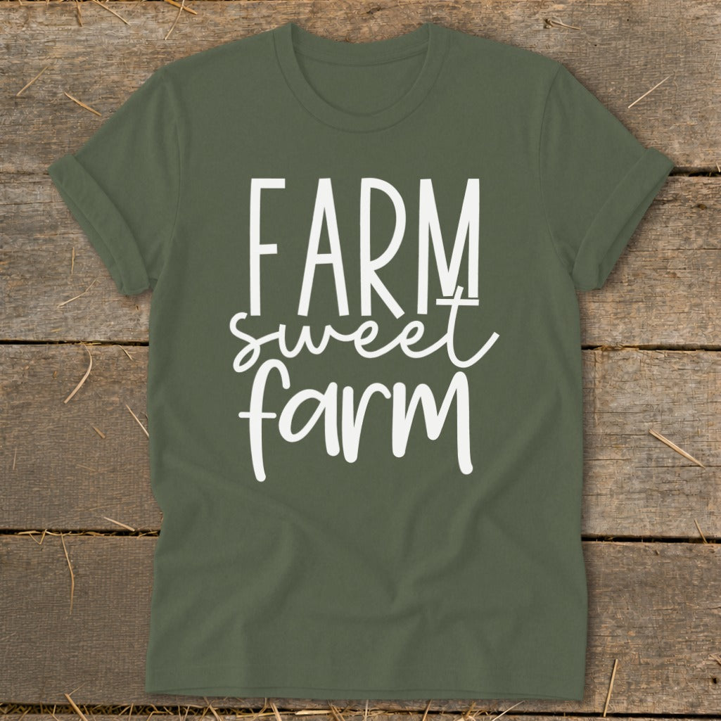 Olive green t-shirt with white text that says "FARM sweet farm".