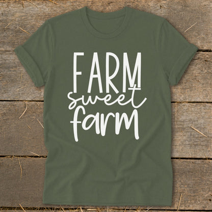 Olive green t-shirt with white text that says "FARM sweet farm".