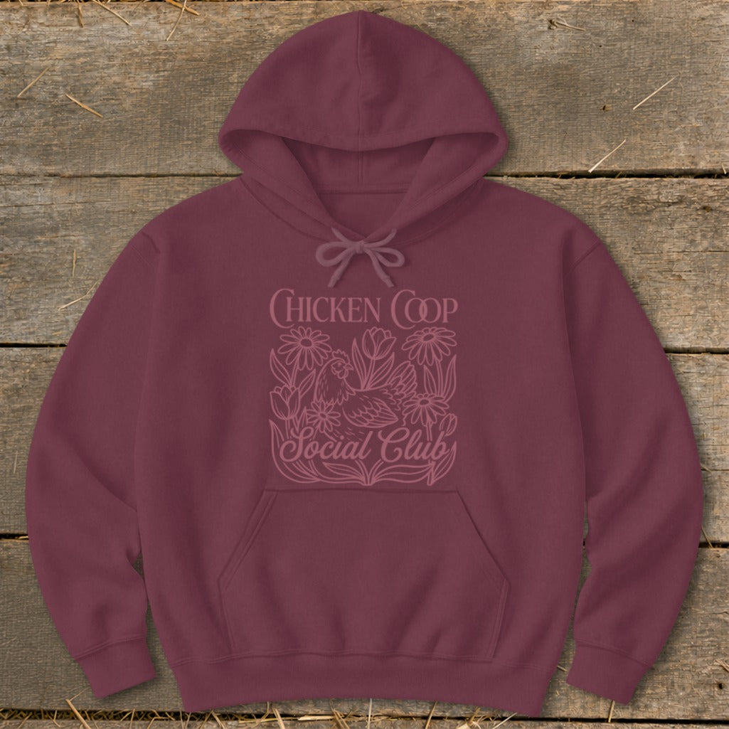 Maroon hoodie with "Chicken Coop Social Club" text and floral chicken graphic.