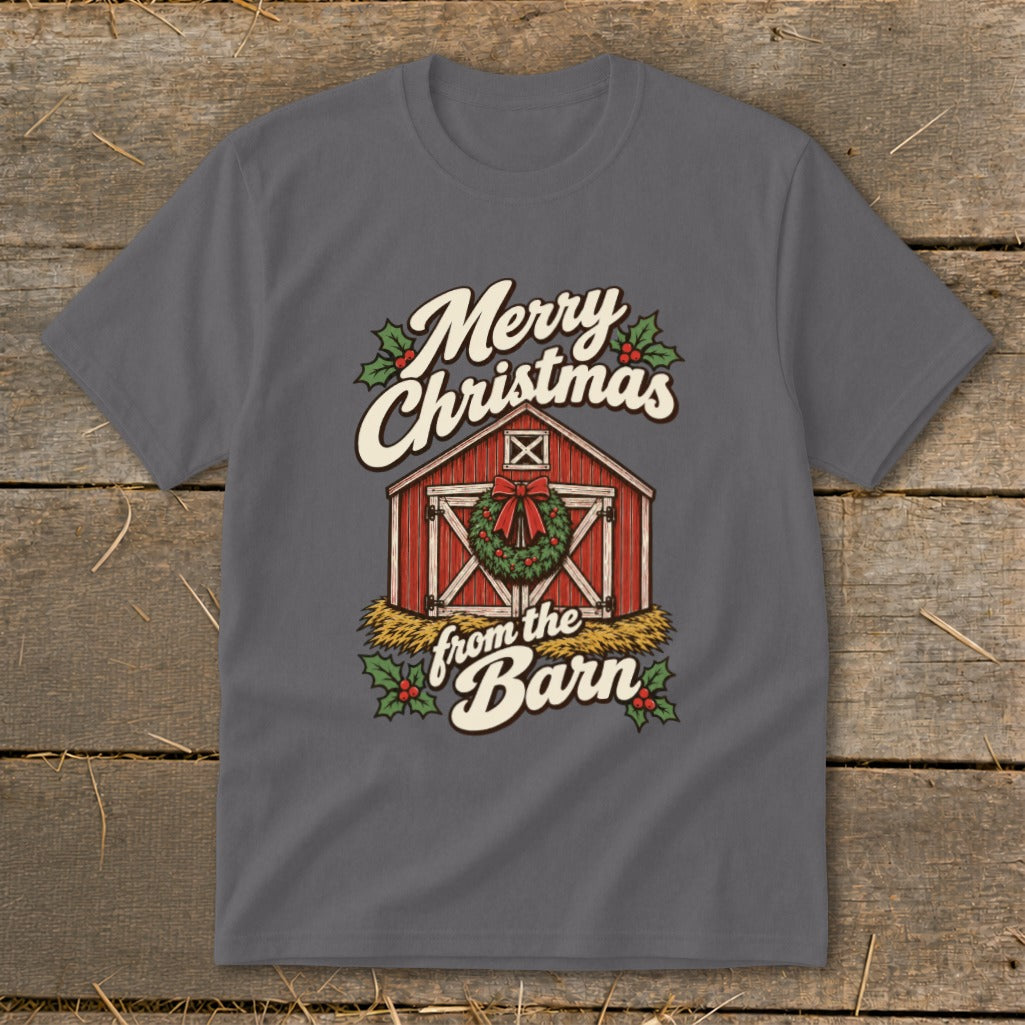 T-shirt with Merry Christmas from the Barn barn graphic.
