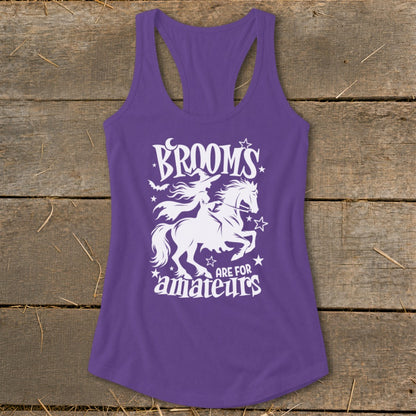 Purple tank top with white graphic text and image of a witch riding a horse.