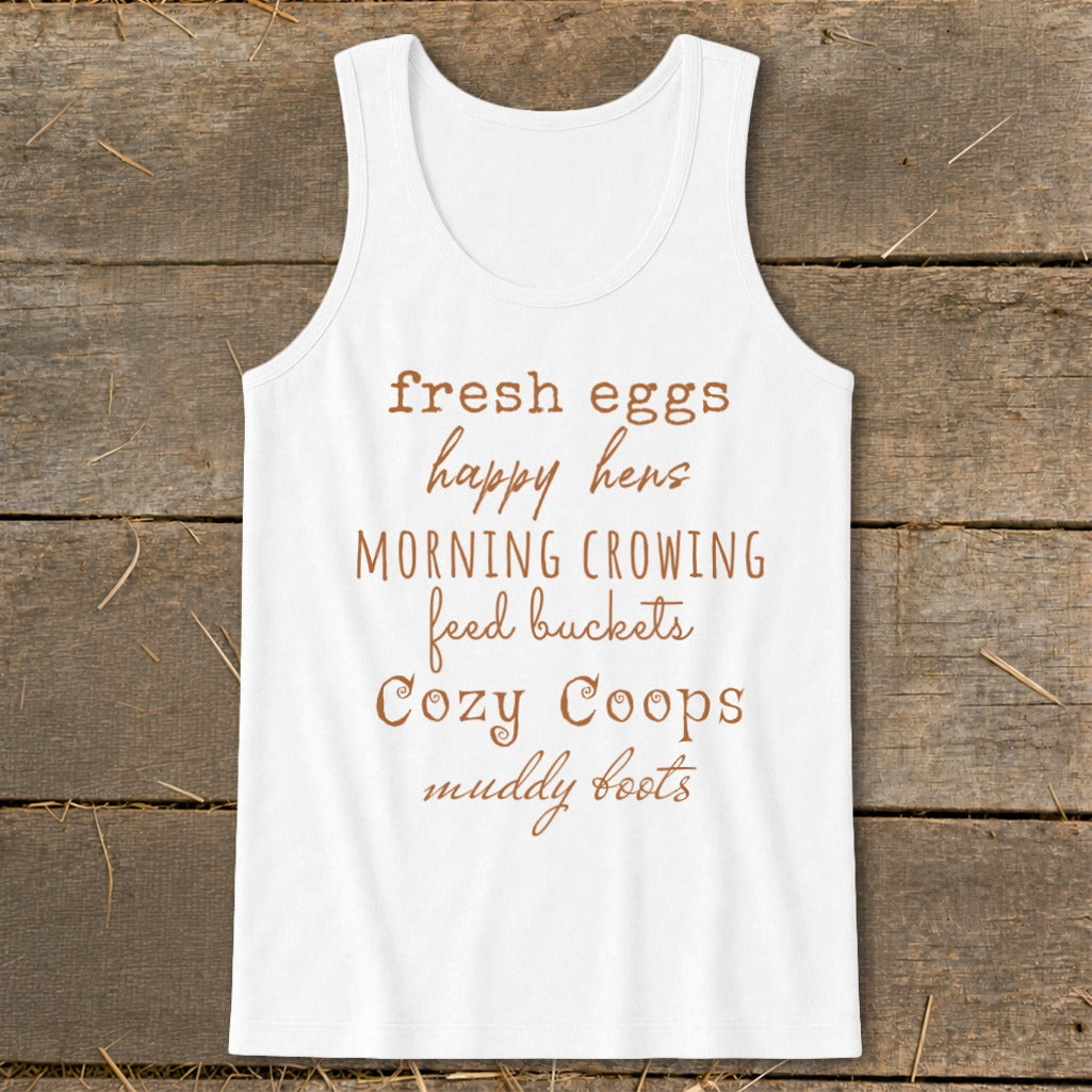 White tank top with brown text listing farm-related phrases.