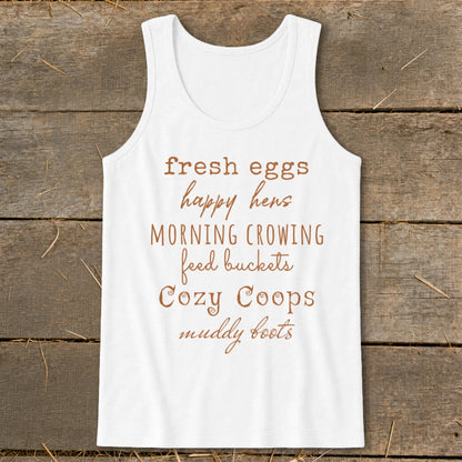 White tank top with brown text listing farm-related phrases.
