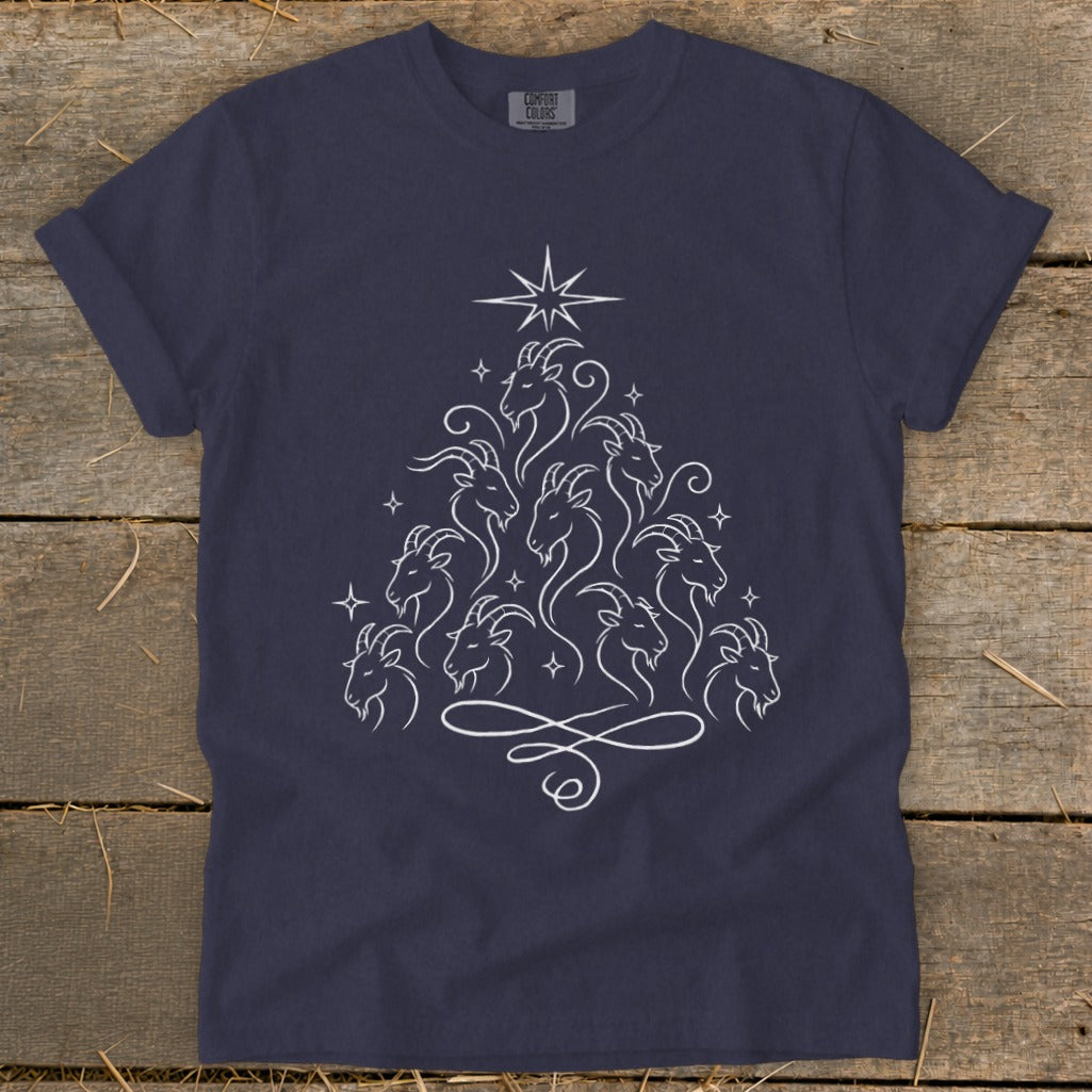 Navy t-shirt with a white line drawing of goats forming a Christmas tree shape.