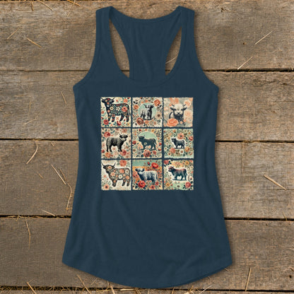 Tank top with a floral cow collage print across nine square panels.