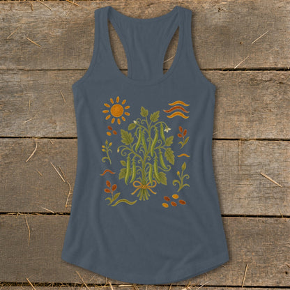 Grey tank top with a central illustration of a pea plant and garden elements.