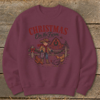 Christmas On the Farm graphic with boy feeding chickens near barn.