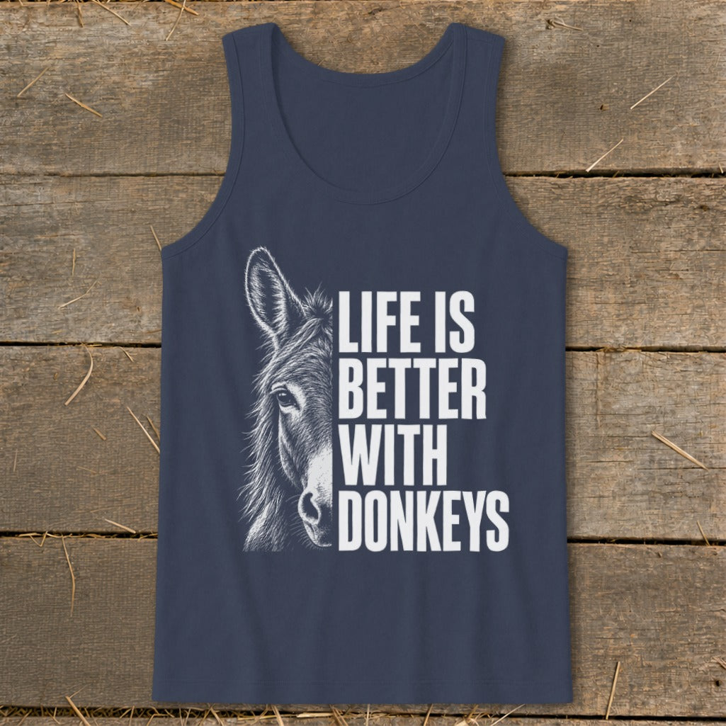 Navy tank top with a donkey drawing and "Life is Better With Donkeys" text.