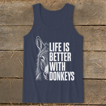Navy tank top with a donkey drawing and "Life is Better With Donkeys" text.