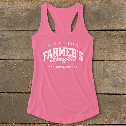 Pink racerback tank top with "100% Authentic Farmer's Daughter Home Grown" text.