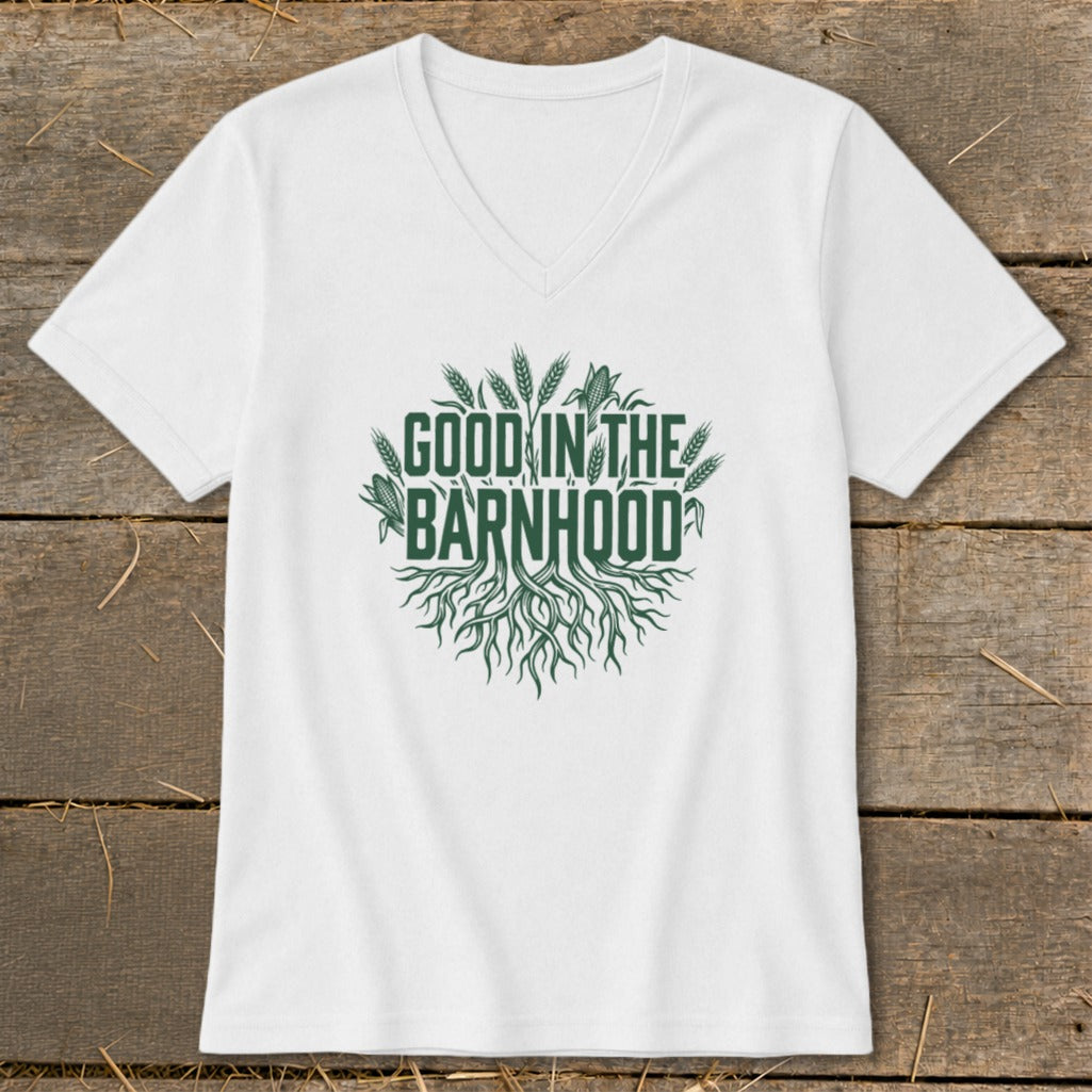 White v-neck t-shirt with "GOOD IN THE BARNHOOD" text and wheat design.