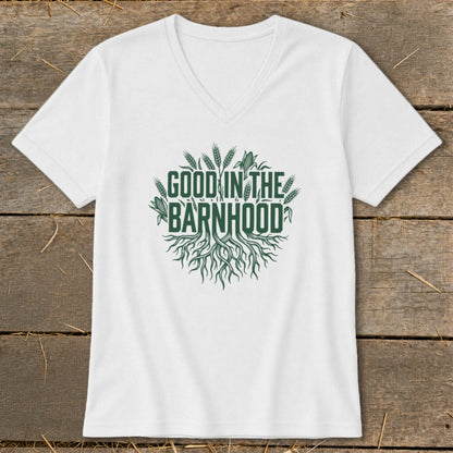 White v-neck t-shirt with "GOOD IN THE BARNHOOD" text and wheat design.
