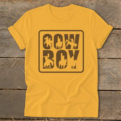Yellow t-shirt with brown "Cowboy" text featuring cowboy silhouettes on horses.