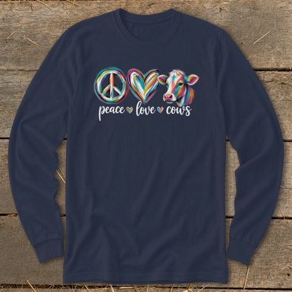 Peace, love, cows graphic on navy long sleeve shirt with colorful peace sign, heart, and cow.