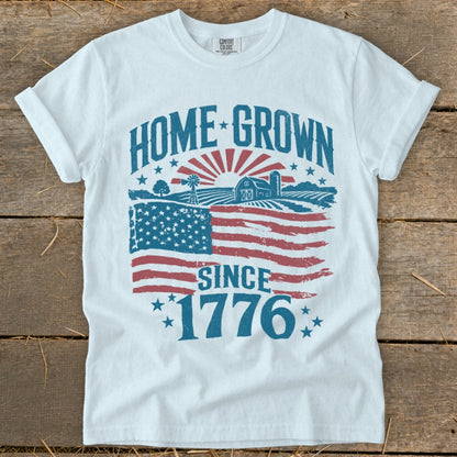 White t-shirt with "HOME GROWN SINCE 1776" and American flag farm graphic.