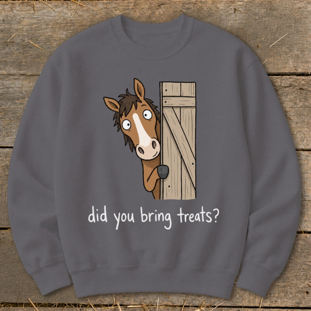 Cartoon horse peeking from behind a stall door asking "Did you bring treats?"