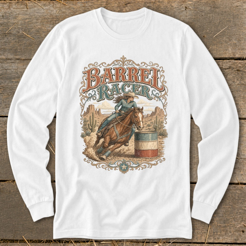 Barrel racer on horseback rounding a barrel in a desert landscape with text.