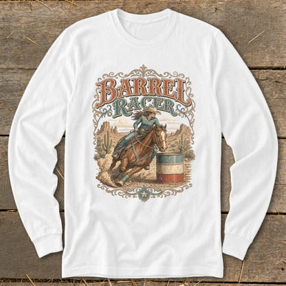 Barrel racer on horseback rounding a barrel in a desert landscape with text.