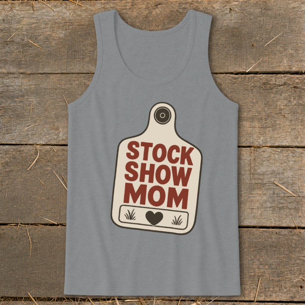 Gray tank top with "Stock Show Mom" text in a tag design.
