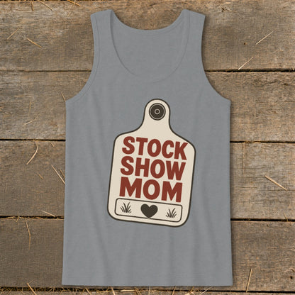 Gray tank top with "Stock Show Mom" text in a tag design.