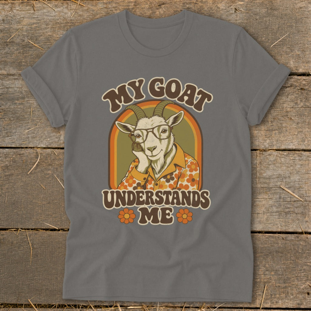 T-shirt with retro graphic of a goat wearing glasses and saying "MY GOAT UNDERSTANDS ME".
