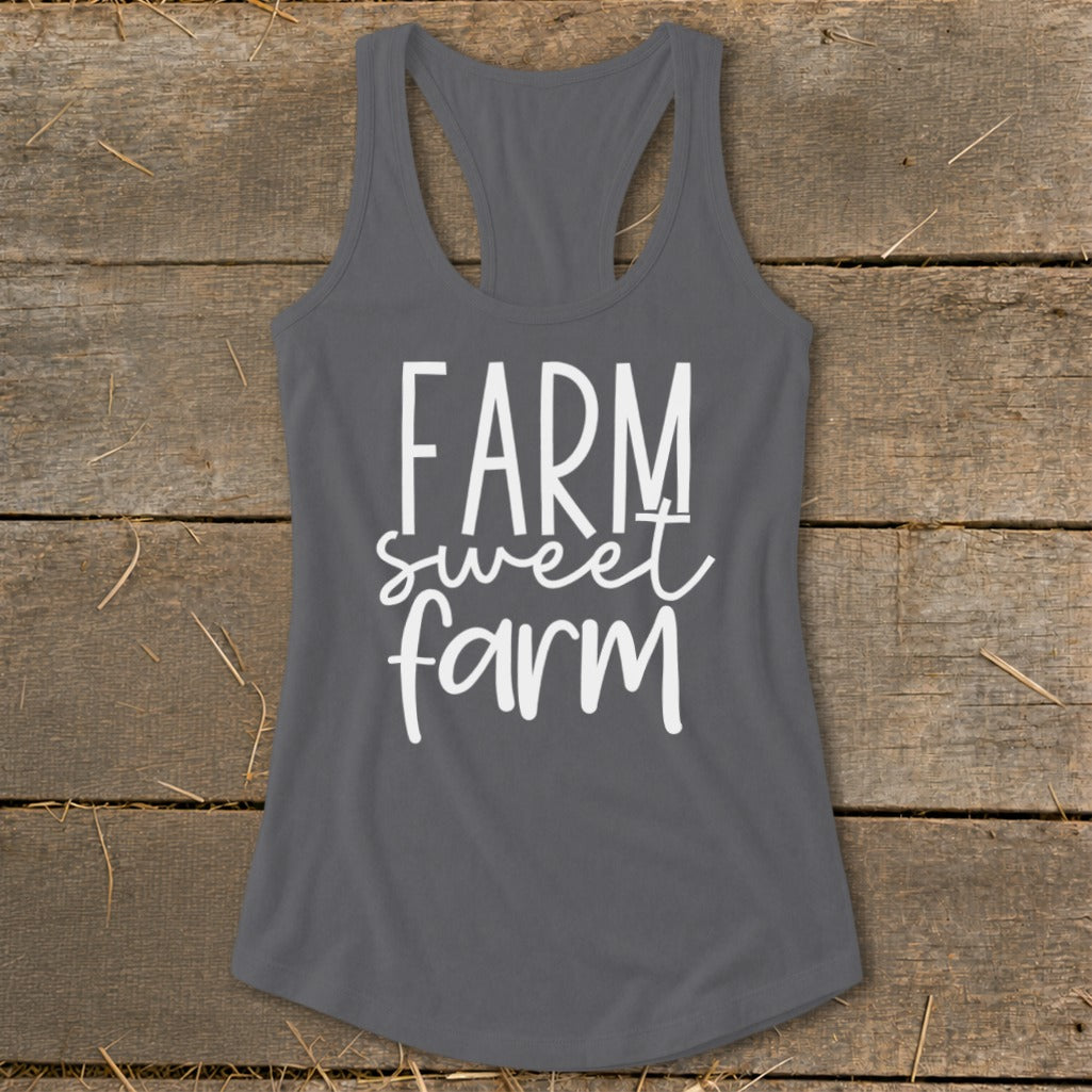 Grey racerback tank top with white text that reads "FARM sweet farm."