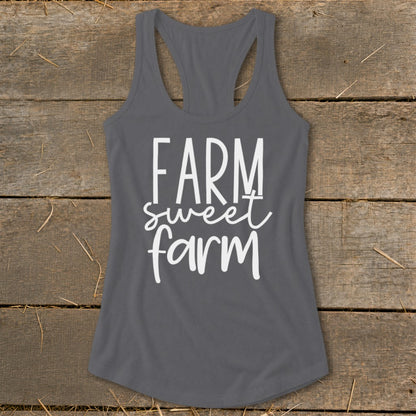 Grey racerback tank top with white text that reads "FARM sweet farm."