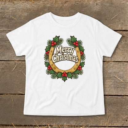White t-shirt with a horseshoe wreath graphic reading "Merry Christmas".