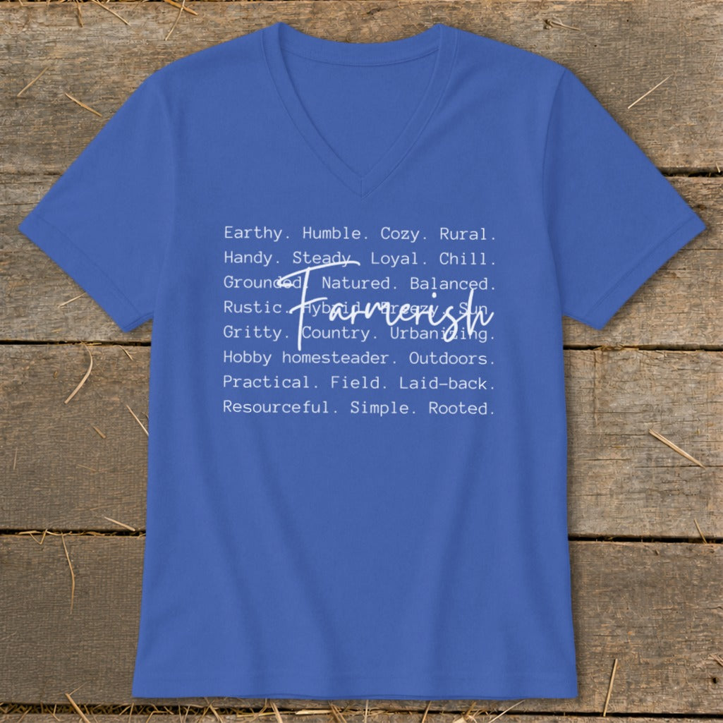 Blue t-shirt with "Farmerish" and descriptive words like "Earthy, Humble, Cozy, Rural."