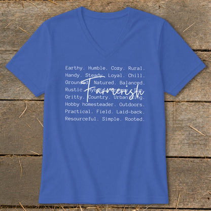 Blue t-shirt with "Farmerish" and descriptive words like "Earthy, Humble, Cozy, Rural."