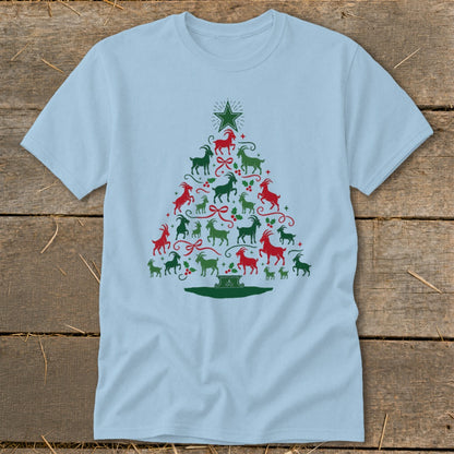 Light blue t-shirt with a Christmas tree made of red and green goats.