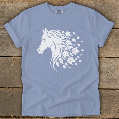 Light blue t-shirt with white horse head graphic and falling leaves.