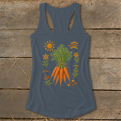 Tank top with a bunch of carrots, sun, flowers, and wavy lines design.